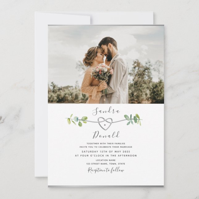 Invitación de boda con foto moderna de eucalipto (Anverso)