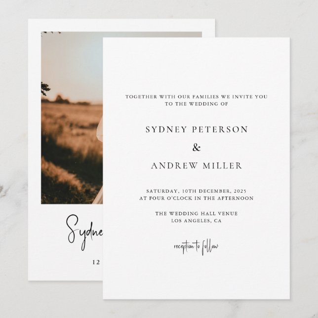 Invitación de boda con foto moderna en blanco y ne (Anverso / Reverso)