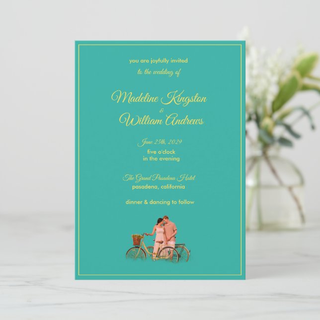 Invitación de boda con foto retro kitsch original (Anverso de pie)