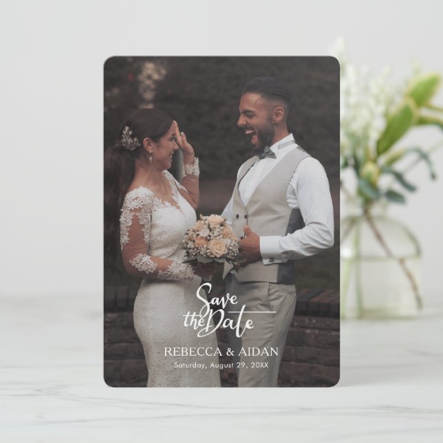 Invitación de boda con foto todo en uno con letra  (Anverso de pie)