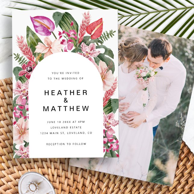 Invitación de Boda con Foto Tropical Colorida (Colorful Tropical Floral Photo Wedding Invitation by Painted Paperie
)