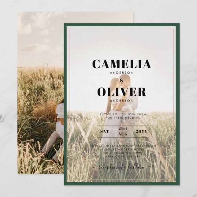 Invitación de boda con foto verde bosque (Anverso / Reverso)