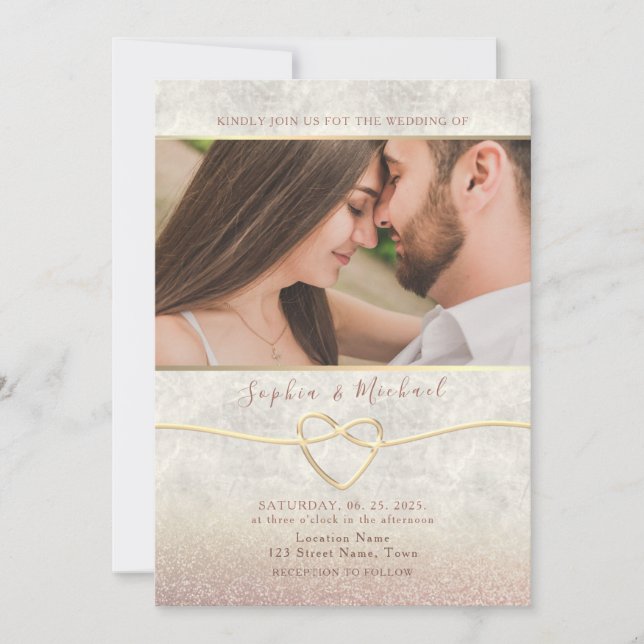 Invitación de Boda con Foto y Brillo de Oro Rosa (Anverso)