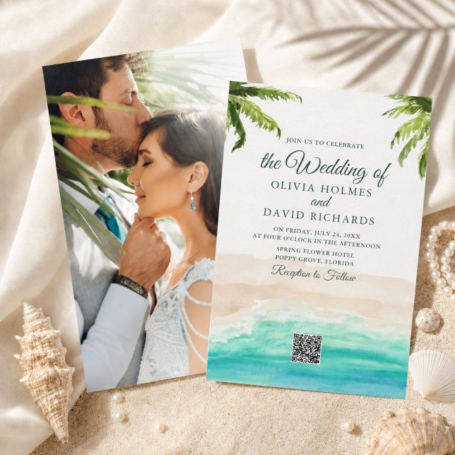 Invitación de boda con foto y código QR de acuarel (Watercolor Beach Photo & QR Code Wedding Invitation)
