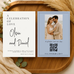 Invitación de boda con foto y código QR en azul po