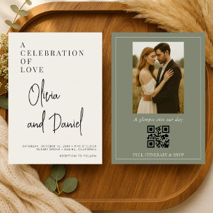 Invitación de boda con foto y código QR en verde o