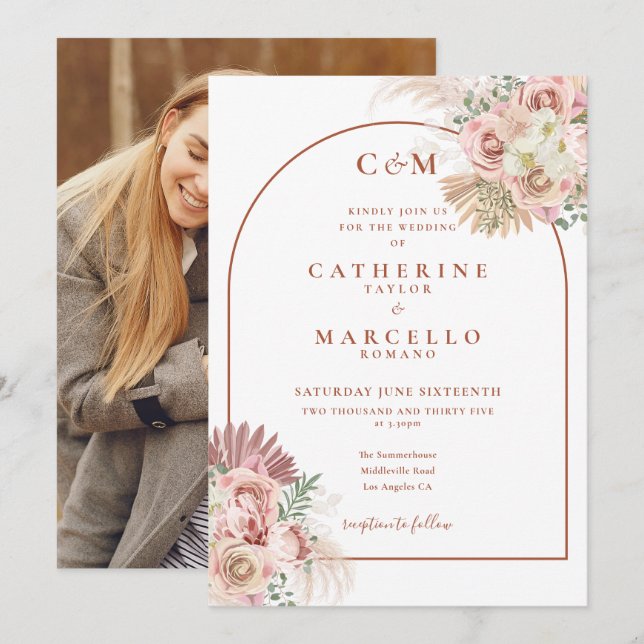 Invitación de boda con foto y monograma de terraco (Anverso / Reverso)