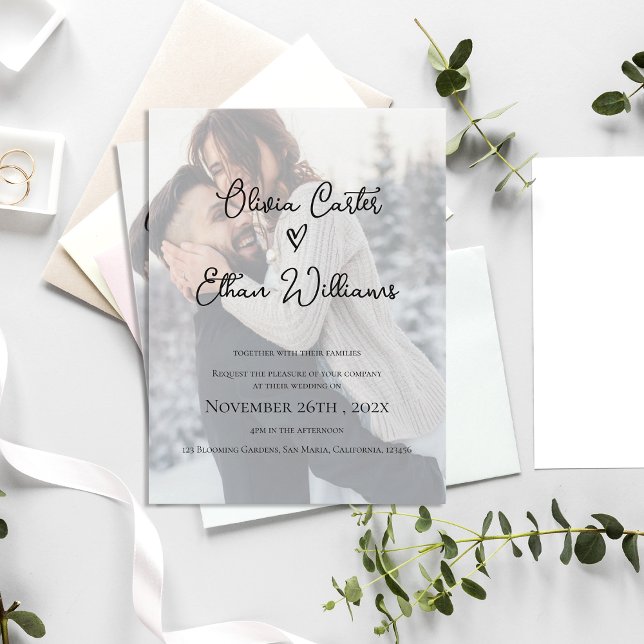 Invitación de boda con foto y superposición de vit (Vellum Overlay Photo Wedding Invitation | Modern Minimal Design)