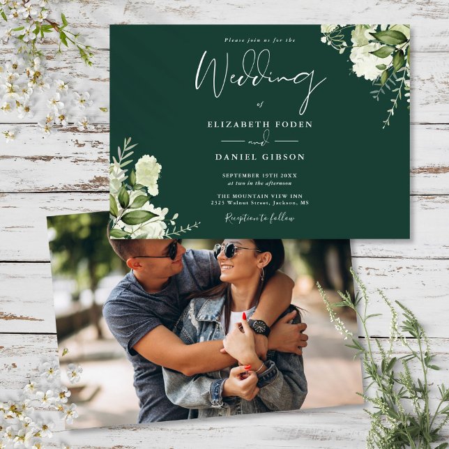 Invitación de boda con fotografía de verde botánic (Emerald Green Botanical Greenery Photo Wedding Invitation)