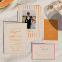 Invitación de boda con franja naranja rosa de bril