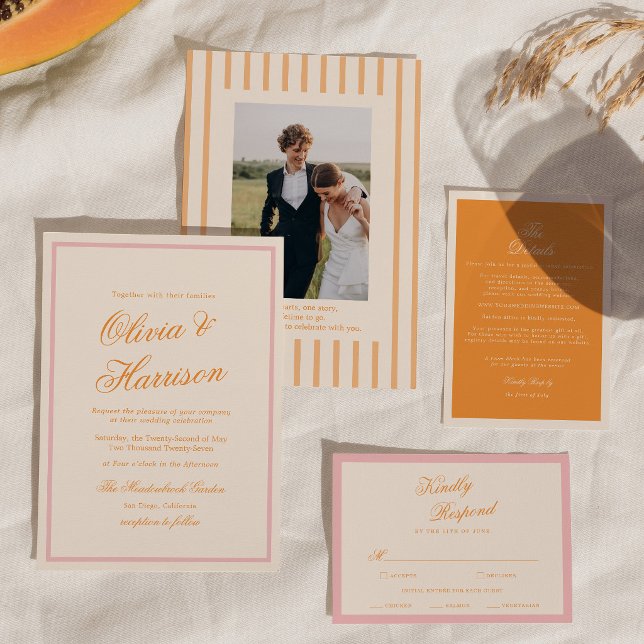 Invitación de boda con franja naranja rosa de bril (Subido por el creador)