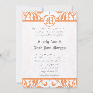 Invitación de boda con fuente gris damasco coral v