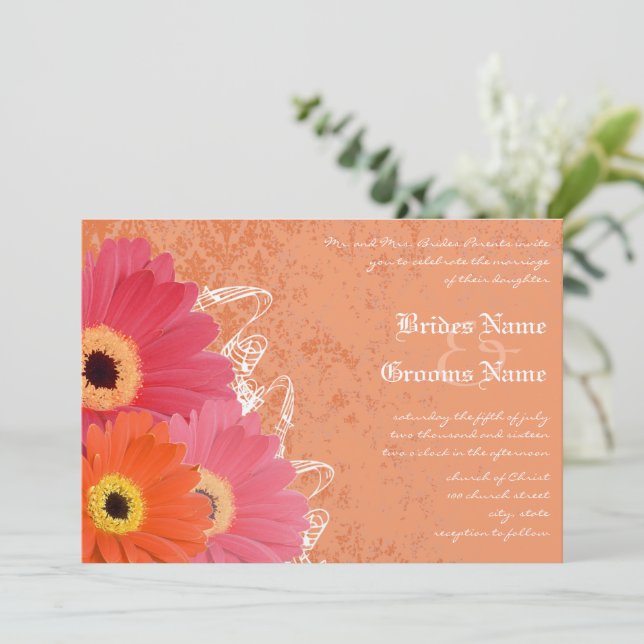 Invitación de boda con Gerber Daisy Coral y Naranj (Anverso de pie)
