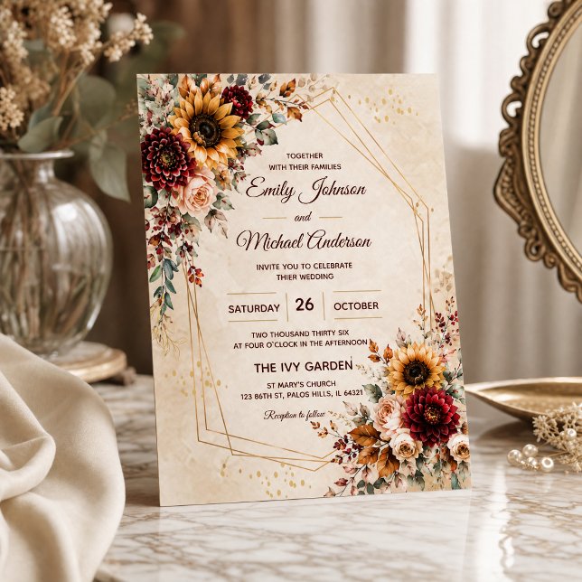 Invitación de boda con girasoles de otoño Borgoña (#AutumnWedding #SunflowerWedding #BurgundyWedding #FallWeddingInvitation #WeddingTemplate )