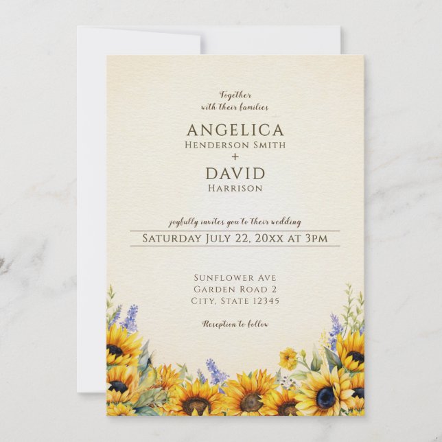 Invitación de boda con girasoles en acuarela (Anverso)