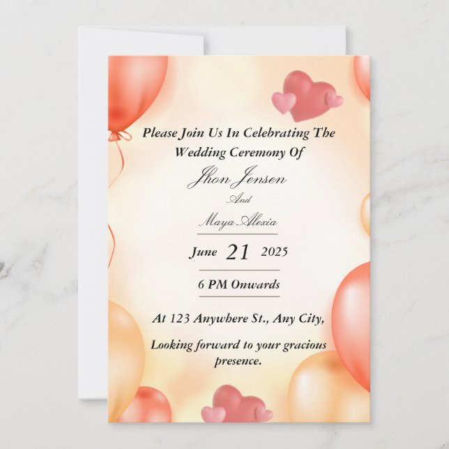 Invitación de Boda con Globo Naranja Pastel y Cora (Anverso)