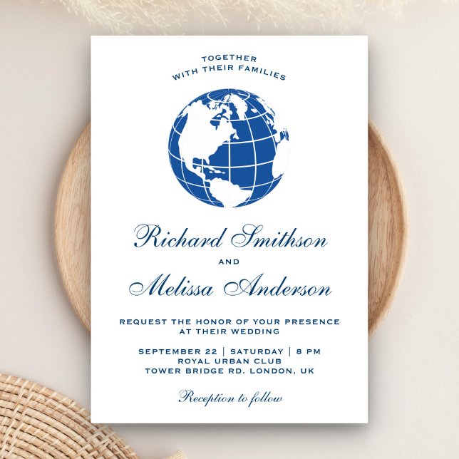 Invitación de boda con globo terráqueo azul mapa d (Subido por el creador)