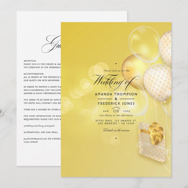 Invitación de boda con globos dorados Bokeh (Anverso / Reverso)