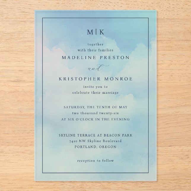 Invitación de boda con gradiente azul sereno (Anverso)