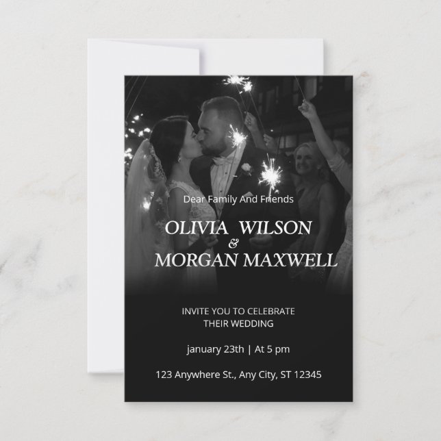 Invitación de boda con gradiente en blanco y negro (Anverso)