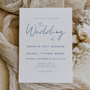 Invitación de boda con guión azul añil minimalista