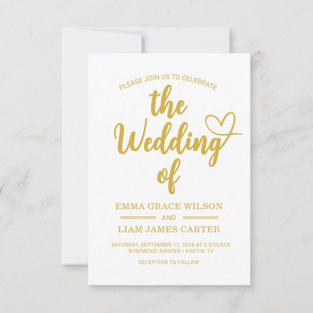 Invitación de boda con guión de corazón de oro mod (Anverso)