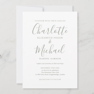 Invitación de boda con guión de firma en verde sal