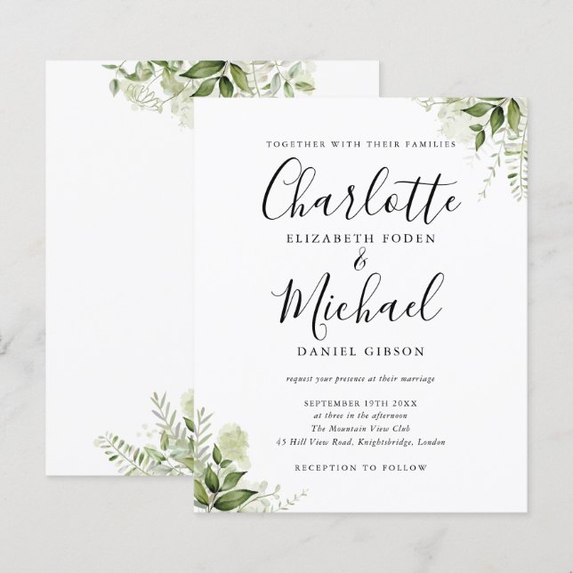 Invitación de boda con guión de hojas de verde pre (Anverso / Reverso)