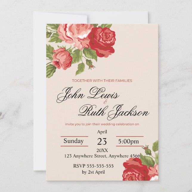Invitación de boda con guión de rosas rojas | Roma (Anverso)