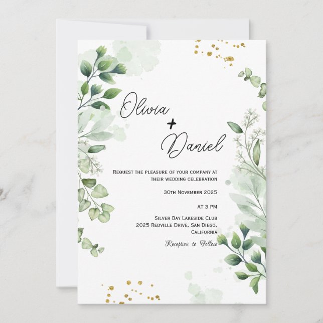 Invitación de boda con guión de vegetación fresca (Anverso)