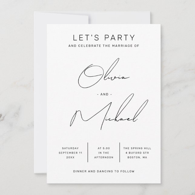 Invitación de boda con guión limpio moderno minima (Anverso)