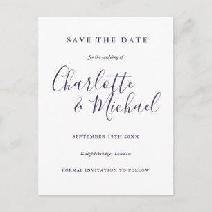 Invitación de boda con guión morado para guardar l