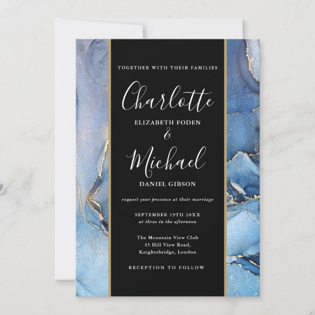 Invitación de Boda con Guion Negro y Ágata Azul Do (Anverso)
