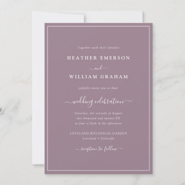 Invitación de boda con guión púrpura (Anverso)