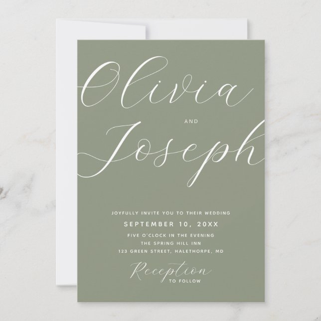 Invitación de boda con guión verde dusty sage con  (Anverso)