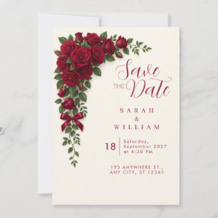 Invitación de boda con guirnalda de rosa roja carm