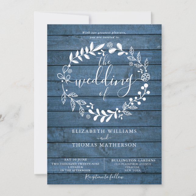 Invitación de boda con guirnalda floral de madera  (Anverso)