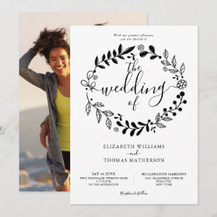 Invitación de boda con guirnalda floral en blanco 