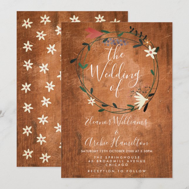 Invitación de boda con guirnalda floral rústica de (Anverso / Reverso)