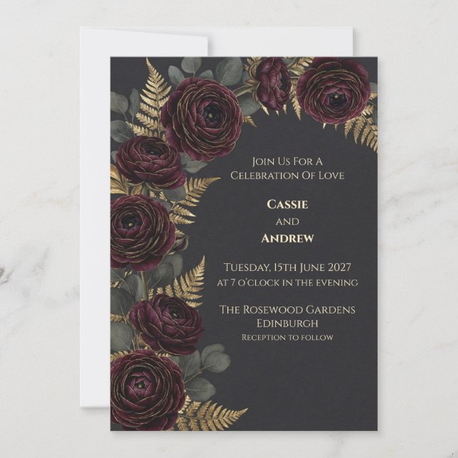 Invitación de boda con helecho de oro rosa Borgoña (Anverso)