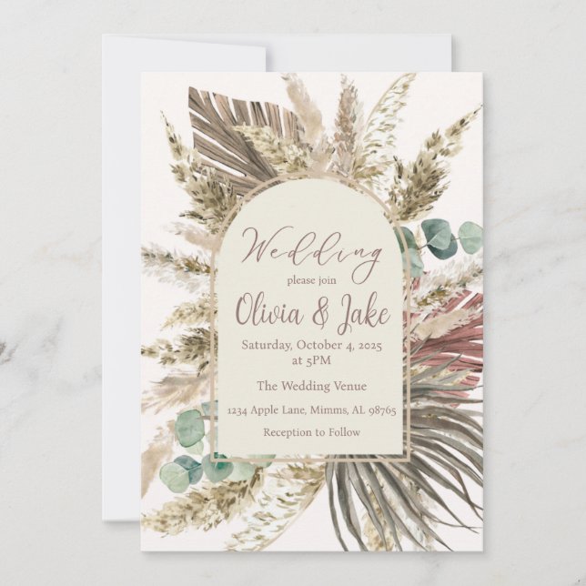 Invitación de Boda con Hierba de Pampas Boho — Ver (Anverso)