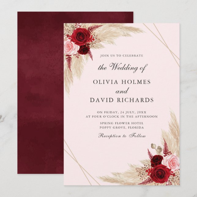 Invitación de Boda con Hierba de Pampas y Borgoña (Anverso / Reverso)