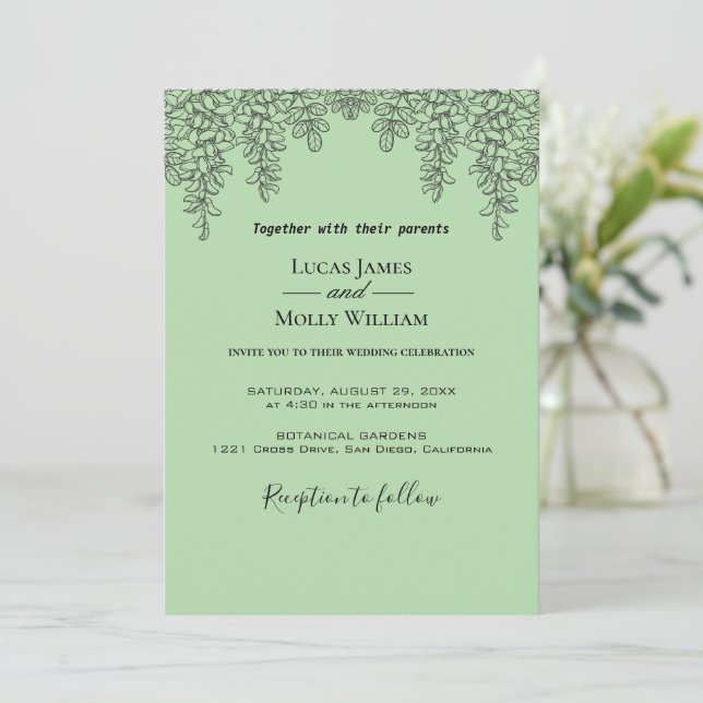 Invitación de boda con hoja de helecho verde salvi (Anverso de pie)