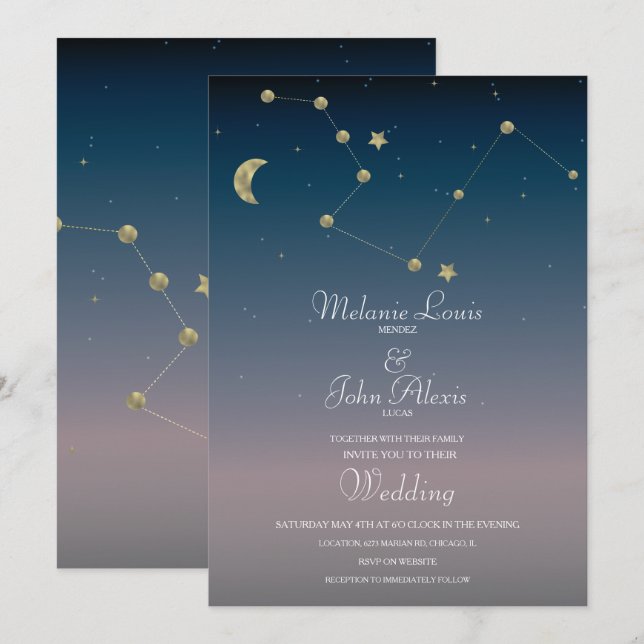 Invitación de boda con hoja de oro de constelación (Anverso / Reverso)