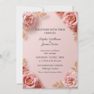 Invitación de boda con hoja de oro y peonía rosada