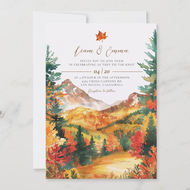 Invitación de boda con hoja de otoño acogedora (Anverso)