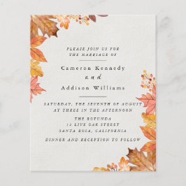 Invitación de boda con hoja de otoño en acuarela