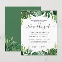 Invitación de boda con hoja de palma tropical verd