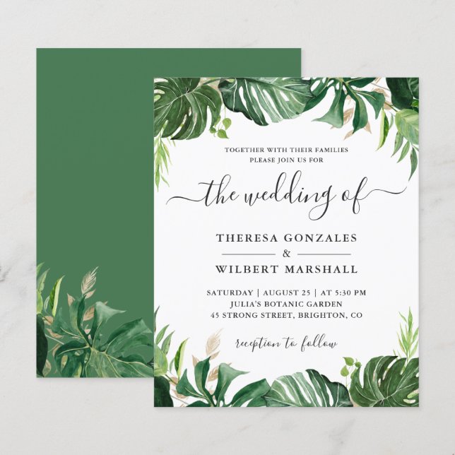 Invitación de boda con hoja de palma tropical verd (Anverso / Reverso)