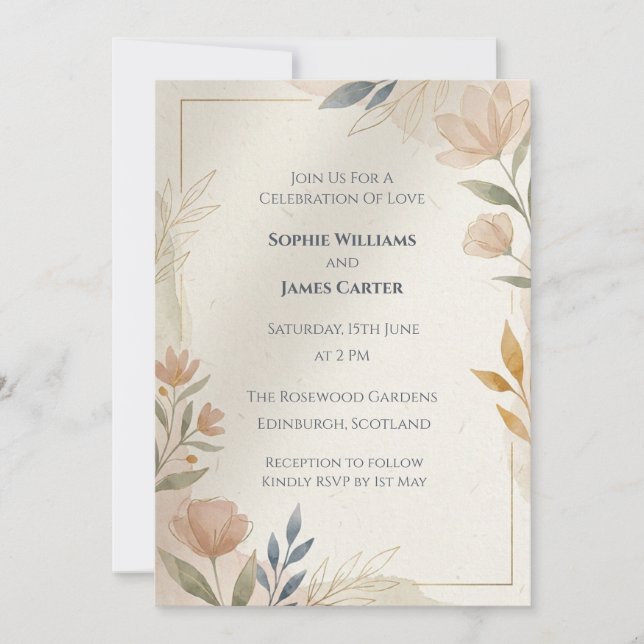 Invitación de boda con hoja de pastel acuarela (Anverso)